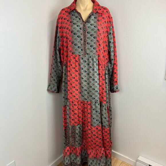 Raga Women's 2X Plus Red Orange Navy Blue Boho Maxi Dress Gown Long Sleeve Boho - Picture 1 of 15